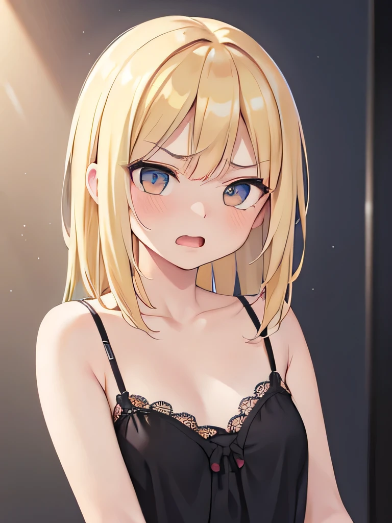 a beautiful blonde girl in a camisole, angry expression, open mouth, 1girl, solo, masterpiece, best quality, 4k, 8k, highres, (realistic:1.37), (photorealistic:1.37), extremely detailed, ultra-detailed, vivid colors, studio lighting, physically-based rendering, sharp focus, professional