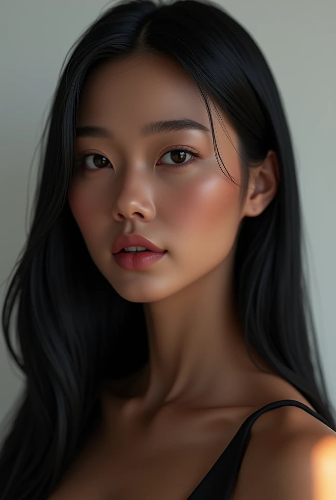 Create a Korean beauty with black skin tone straight hair