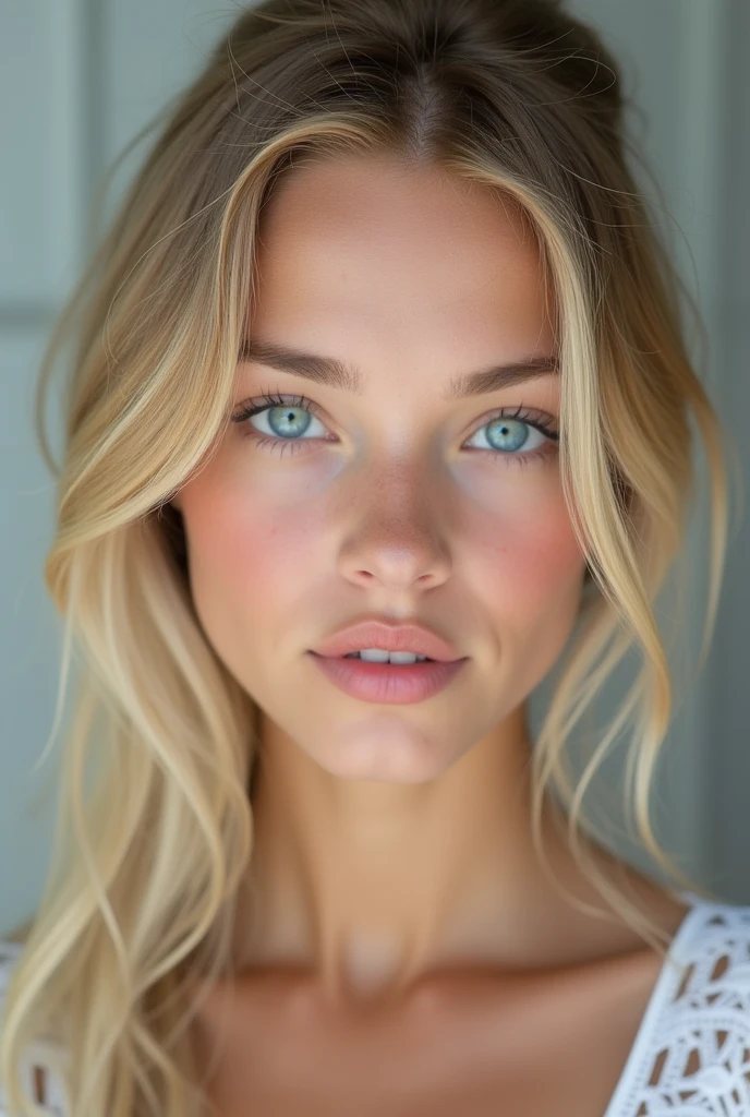 18 year old blonde girl, young and beautiful, (unique blue eyes, light blue, very clear), portrait view, face shot, symmetrical face, beautiful, sexy and sweet, innocent, freshness, provocative, ((Superior quality)), ((masterpiece)), 4K Ultra HD