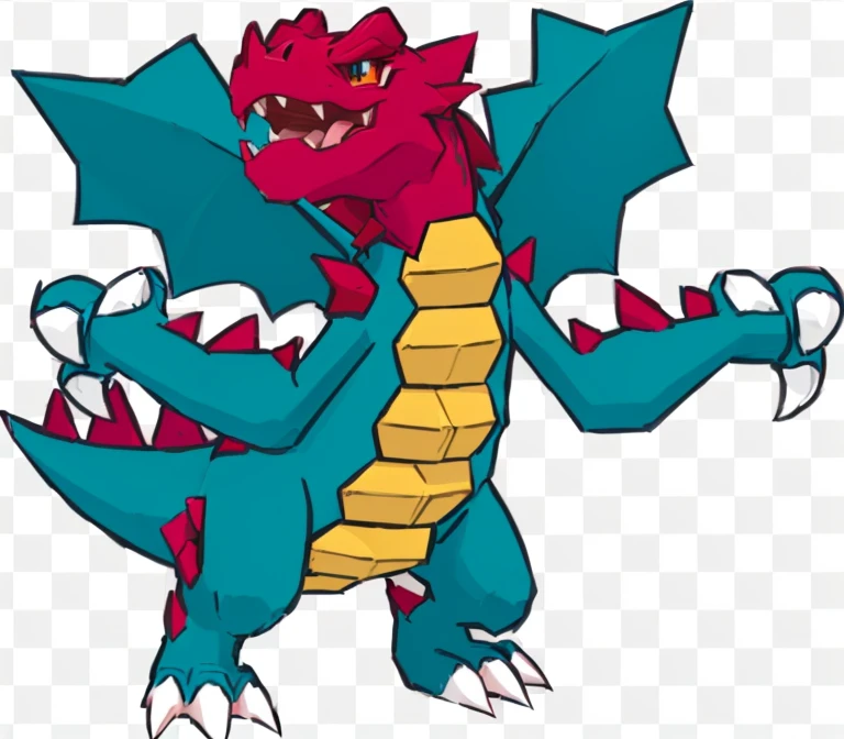 a cartoon dragon with a red and blue tail and a yellow tail, style of pokemon, pokemon art style, similar to pokemon, for pokemon red and blue, monster hunter monster, style of cute pokemon, illustration pokemon, charizard dog hybrid animal, pokemon anime style, charizard, slifer the sky dragon, fire red, giant kaiju dragon monster