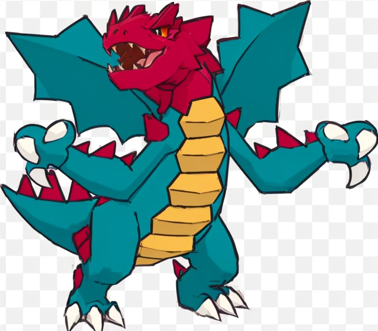 a cartoon dragon with a red and blue tail and a yellow tail, style of pokemon, pokemon art style, similar to pokemon, for pokemon red and blue, monster hunter monster, style of cute pokemon, illustration pokemon, charizard dog hybrid animal, pokemon anime style, charizard, slifer the sky dragon, fire red, giant kaiju dragon monster