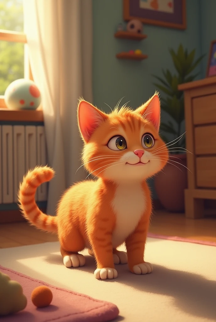 The cat is adopted by a loving family. It explores its new home, purring contentedly, with toys and a comfortable bed in sight. The cat is ginger in colour