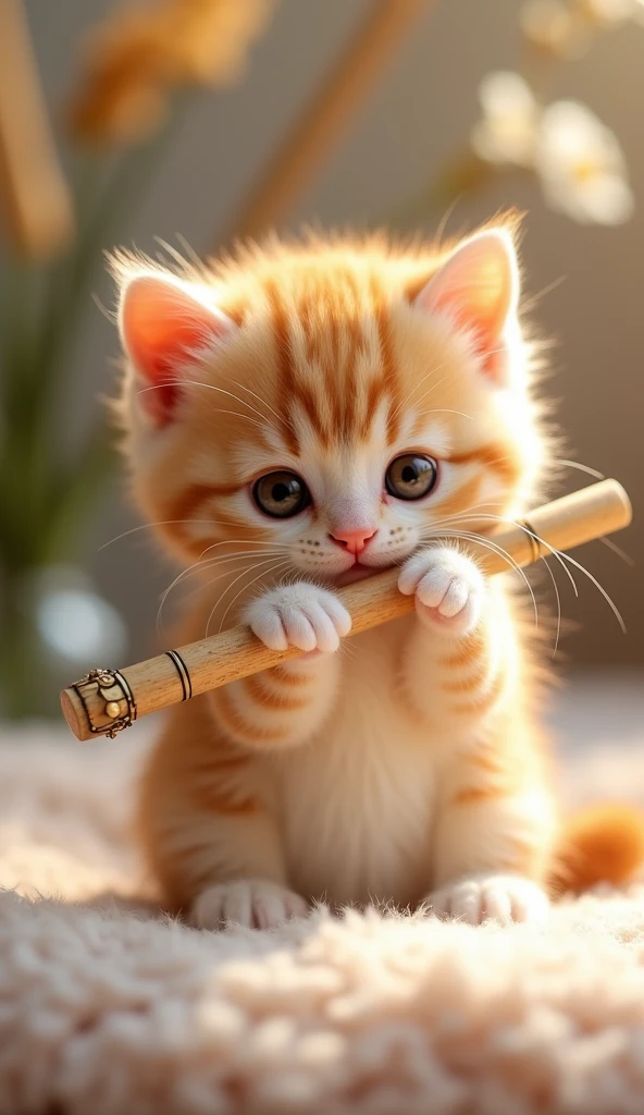 Cute miniature 'light orange and white' kitten as musician playing flute.