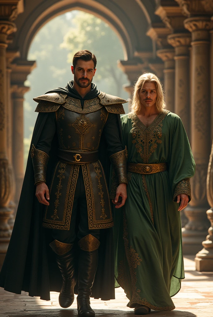 In the era of fantasy royalty, a beautiful man, chic, tall and burly with short black hair, was followed by another blond haired man wearing green healer robes