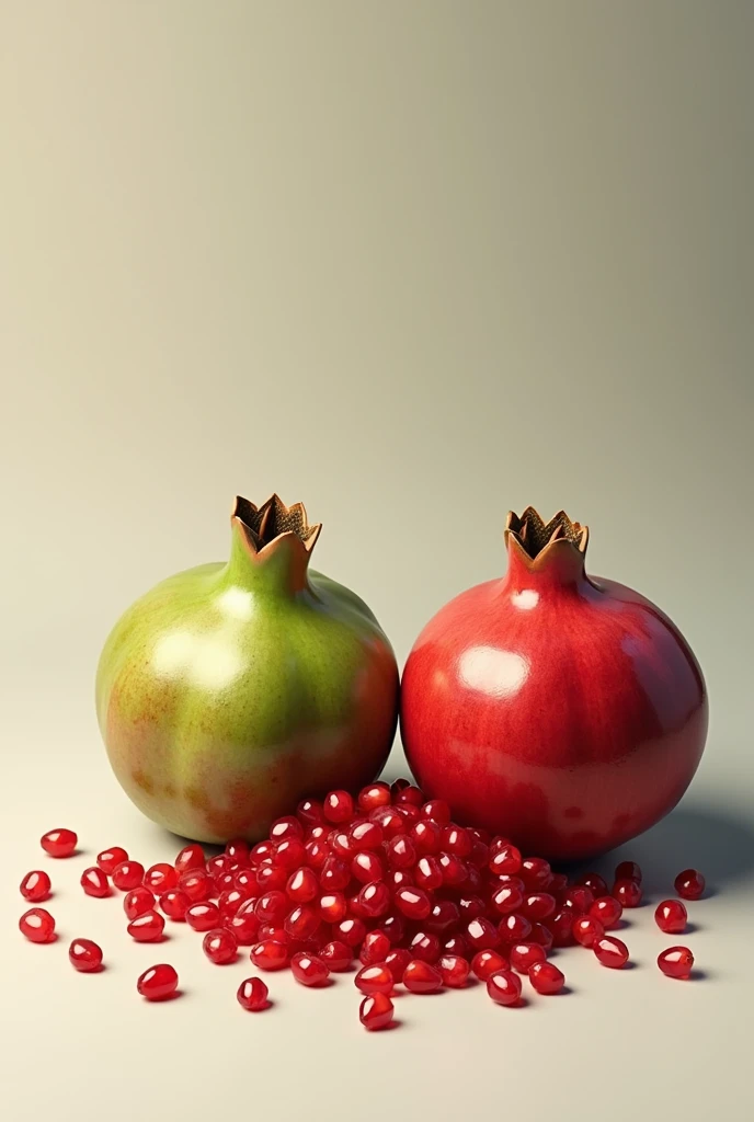 Image of green pomegranate fruit and another red pomegranate and pomegranate seeds scattered to the side and positioned upright. Without any halved grenades