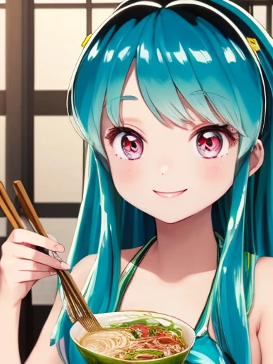 1girl,lum,lumlum, girl in the ramen noodles, top quality, A girl soaking in ramen, very smile, Bikini Swimwear