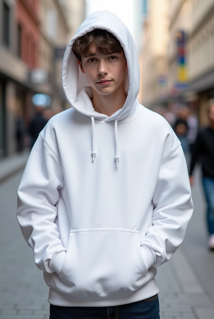youngster white blank hoodie for mockup in the street day time. No face only hoodie