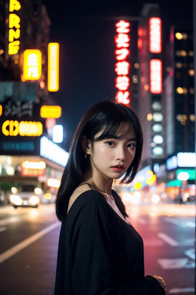 (Cinematic Aesthetic:1.4) Photo of a beautiful korean fashion model bokeh city night