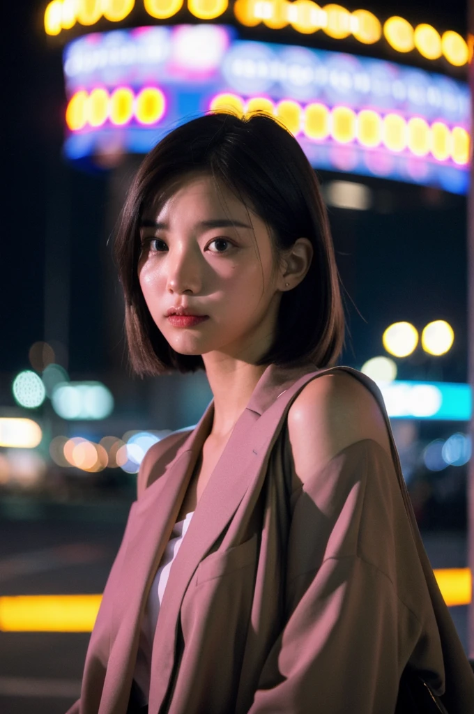 (Cinematic Aesthetic:1.4) Photo of a beautiful korean fashion model bokeh city night