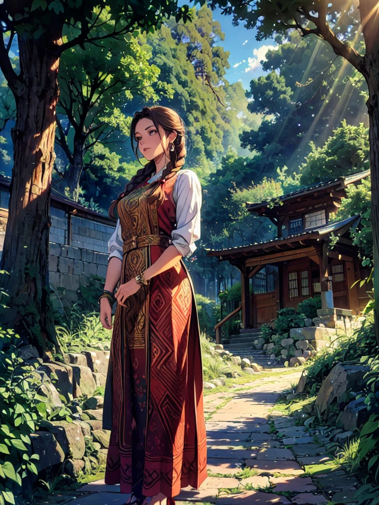 Create a anime style landscape image. Digital illustration featuring a young woman standing in a lush, sunlit forest. The style is highly detailed and vibrant, with a focus on natural lighting and intricate patterns. The woman has light skin, long brown hair styled in a loose braid, and expressive eyes. She is wearing a traditional, embroidered dress with red and blue geometric patterns, accessorized with matching earrings and bracelets. The sunlight filters through the trees, casting a warm glow on her and highlighting the surrounding greenery. The overall composition creates a serene and mystical atmosphere.