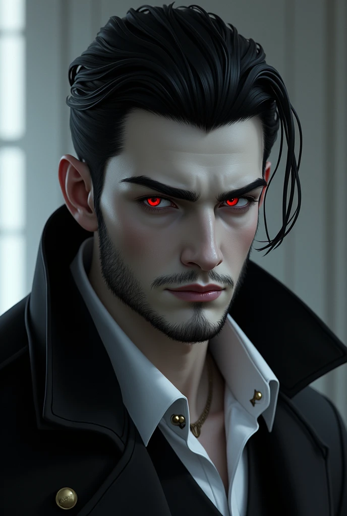 Realistic man with black hair and red eyes and white skin color, He's pretty young, it's elegant, sem beard, Intimidating Enforcer, stark, brawny, closed, comely. He has dark powers of shadows