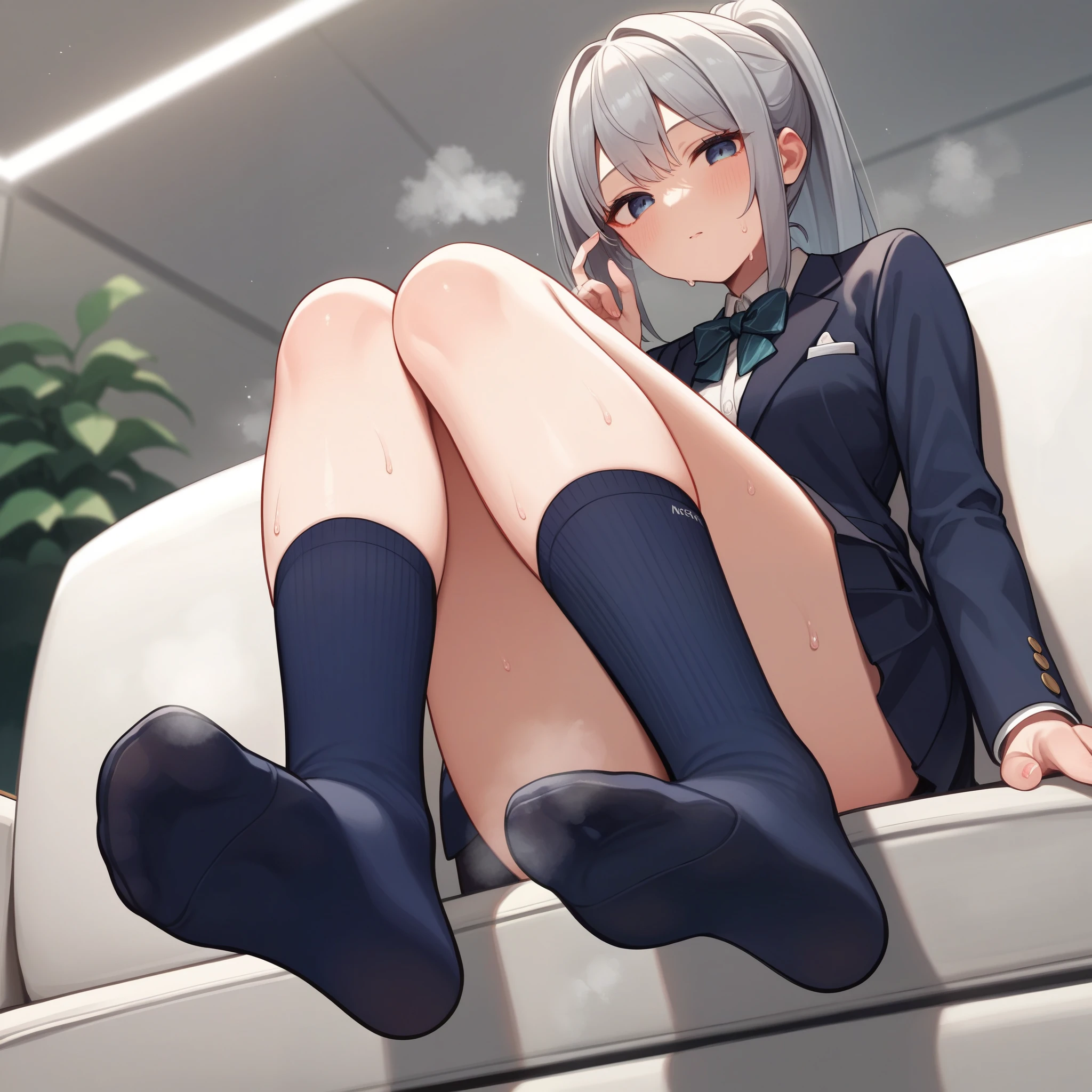nsfw,beautiful girl,Anime Face,high school girl,Gray Hair,ponytail,steam,(low quality,worst quality:1.4),extra limbs,missing limb,extra digit,fewer digit,missing digit,missing finger,fused fingers,mutated hands and fingers,1girl,sweat,from below,soles of both feet,show the soles of your feet,face forward,stretch your legs,front,sit with legs stretched out,front,blazer,on the couch,dark blue socks