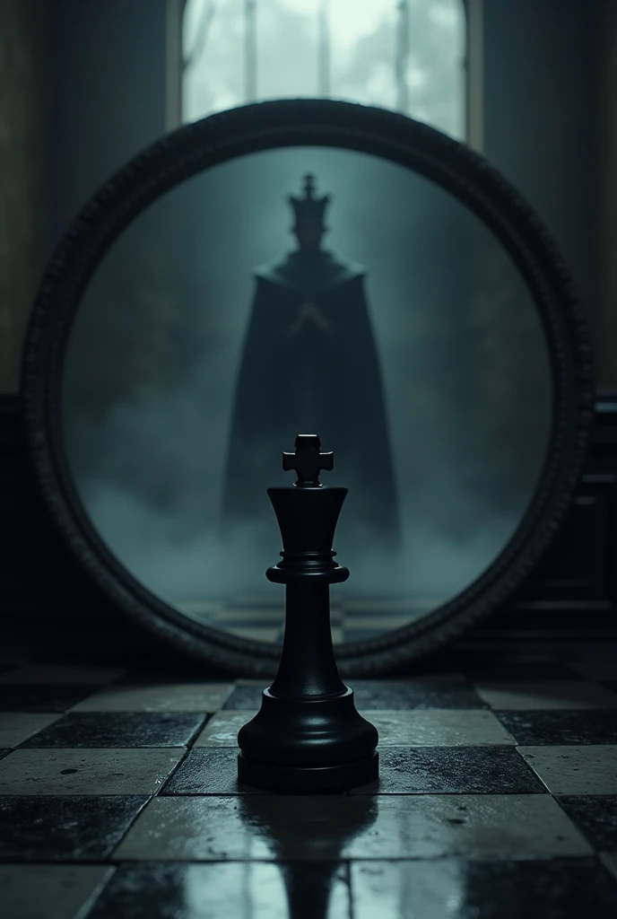 A black chess pawn piece looking into a circular mirror and in the reflection of the mirror take out the pawn and add a black chess king piece in a dark environment