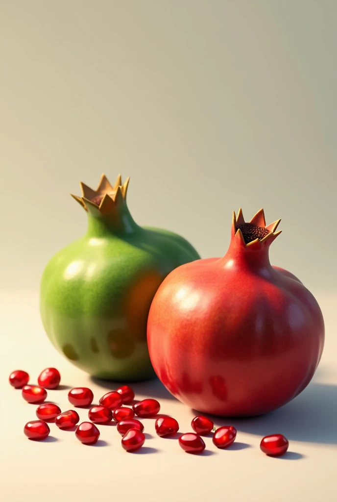 Image of green pomegranate fruit and another red pomegranate and pomegranate seeds scattered to the side and positioned upright. Without any halved grenades 
