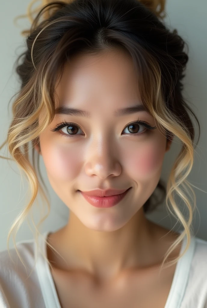  1, very white skin, slightly slanted eyes, beautiful smile, black curly hair with blonde ends, corpo sexy, is wearing a short sheath dress, face gently replenishing, Full-body image,  delicious
