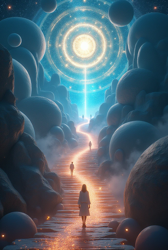 Cosmic background exploring dimensions beings ascending stairs between worlds spheres of ascending path between spiritual worlds, dimensional, and new realities until reaching paradise and God