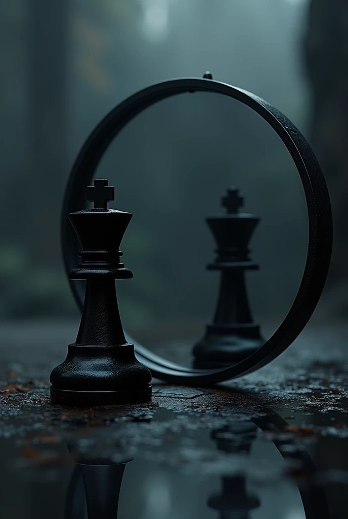 A black chess pawn piece looking into a circular mirror and in the reflection of the mirror take out the pawn and add a black chess king piece in a dark environment