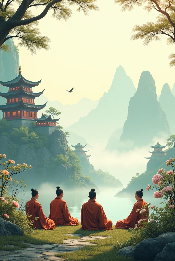 Han Dynasty Temples，Four or five Taoists were sitting cross-legged and chatting in the mountains，Practice Zen，pagoda，Grassy，Tree，Floral scent，This bird，autumn，Sunset，（Chinese landscape painting），（Ink Painting），（8k wallpaper），（Light and shadow effects），Octane Rendering，White balance design，Extremely detailed picture depiction，Wide Angle，Depth of Field，masterpiece，Realistically，Beautifully depicted，detailed，Acura，masterpiece，masterpiece