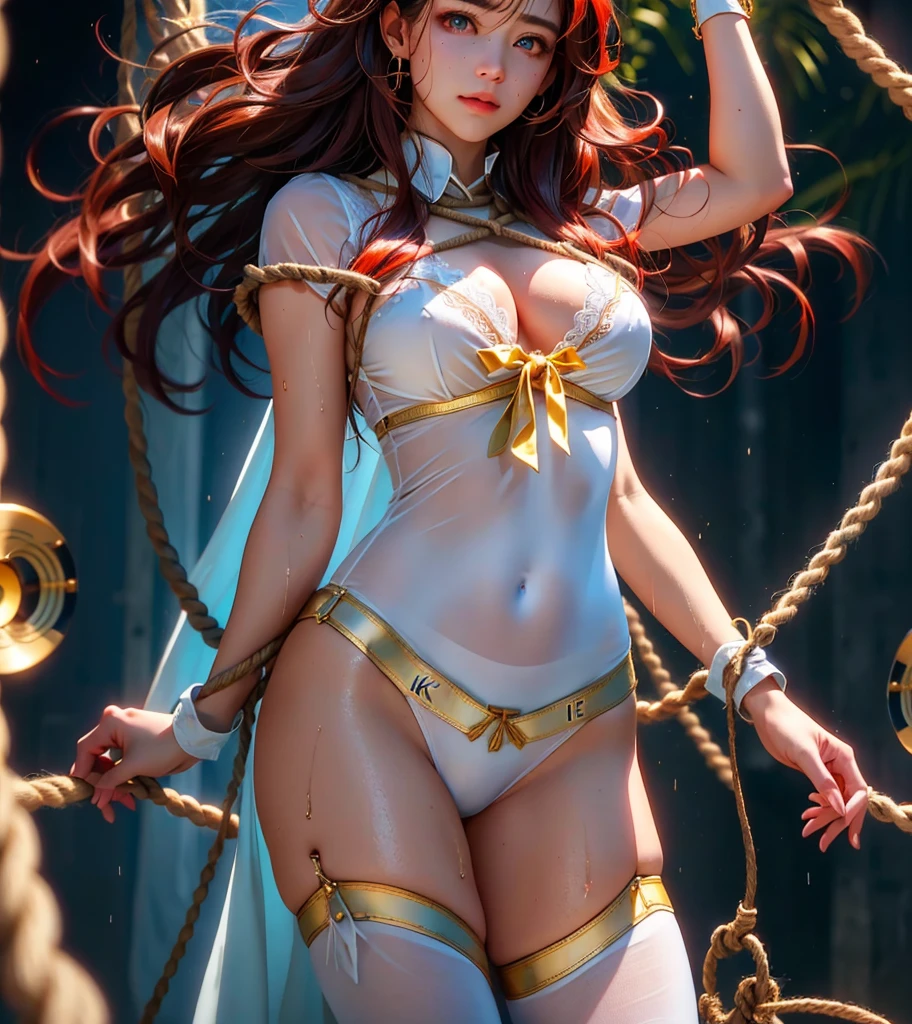 Super beautiful bright eyes、 hanging from the ceiling with her arms tied with rough rope、sweat、The rope tied his body、body soaking wet、Rough rope digging into my groin、A large amount of fluid flows from the groin、One leg is suspended above by a rough rope、tied with rope、firmly tied、both hands tied、legs hanging in handcuffs
(8k, Live filming, A highest quallity de imagem, work of art: 1.4), Super high fine mesh, (reality, photorrealistic: 1.48), work of art、highest quallity、super verbose、8k、detailed light、detailed shadows、CRU、(skin detailed)、(reality: 1.2)、1 Russian girl、Face、1、Red hair、long hair、White lace 、