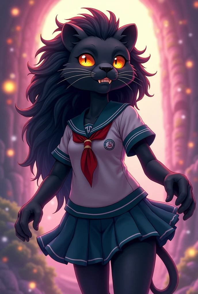 A black lion dressed in an animated girl outfit with the name Black Pearl on the front 
