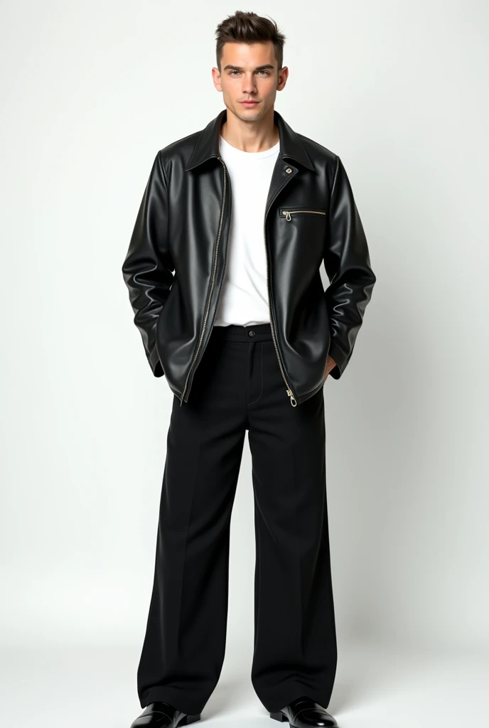best qualityer:1.4), (ultra high resolution:1.2), (photorrealistic:1.4), (8k, CRU photo:1.2), 1 light brown man. eyes browns. Fade haircut with a well-trimmed top. He is wearing a black leather jacket with a white shirt underneath.. Black denim palazzo pants. Standing in a photo studio with a white background.
