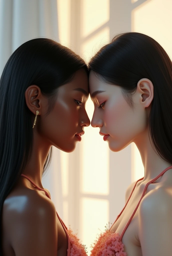 Create a Korean beauty with black skin tone straight hair nd s white skin tone together