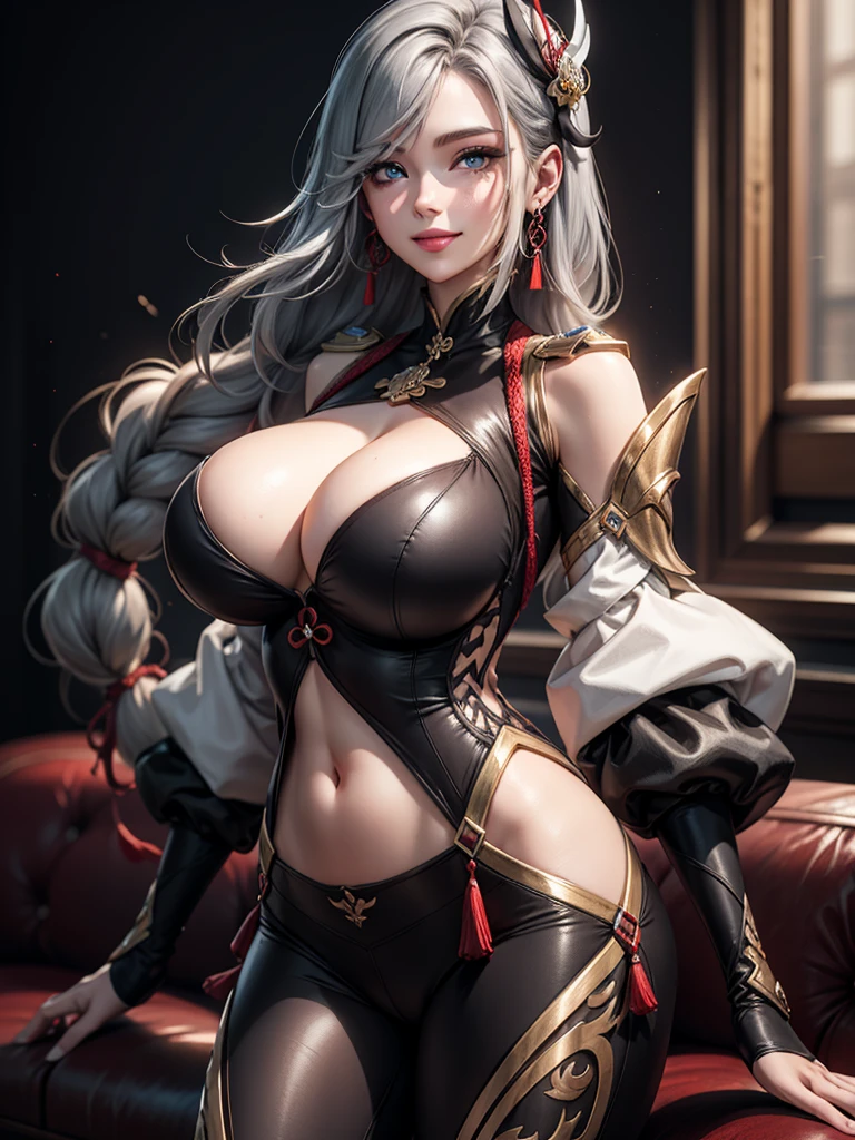 earrings, braided ponytail, puffy sleeves, gold trim, gloves, bodysuit, breast curtain, shoulder cutout, covered navel, hip vent, clothing cutout, tassel, (luxury livingroom background), ShenheV4, anime cels style, best quality, high resolution, 1girl, (huge breasts:1.2), beautiful face, grey hair, long hair, hair ornament, blue eyes, cowboy shot, smiling 32K UHD RGB