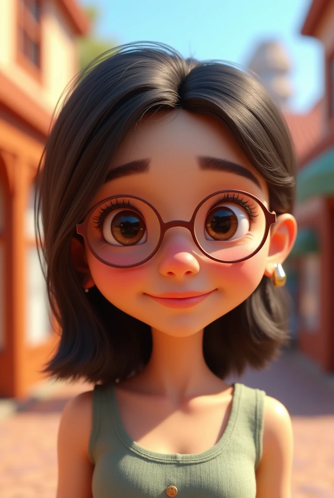 Pixar style image with small chocolate brown eyes of 3D character, Caucasian female ,of round glasses, straight hair below the shoulders, divided in half , stuck behind half , Disney makeup