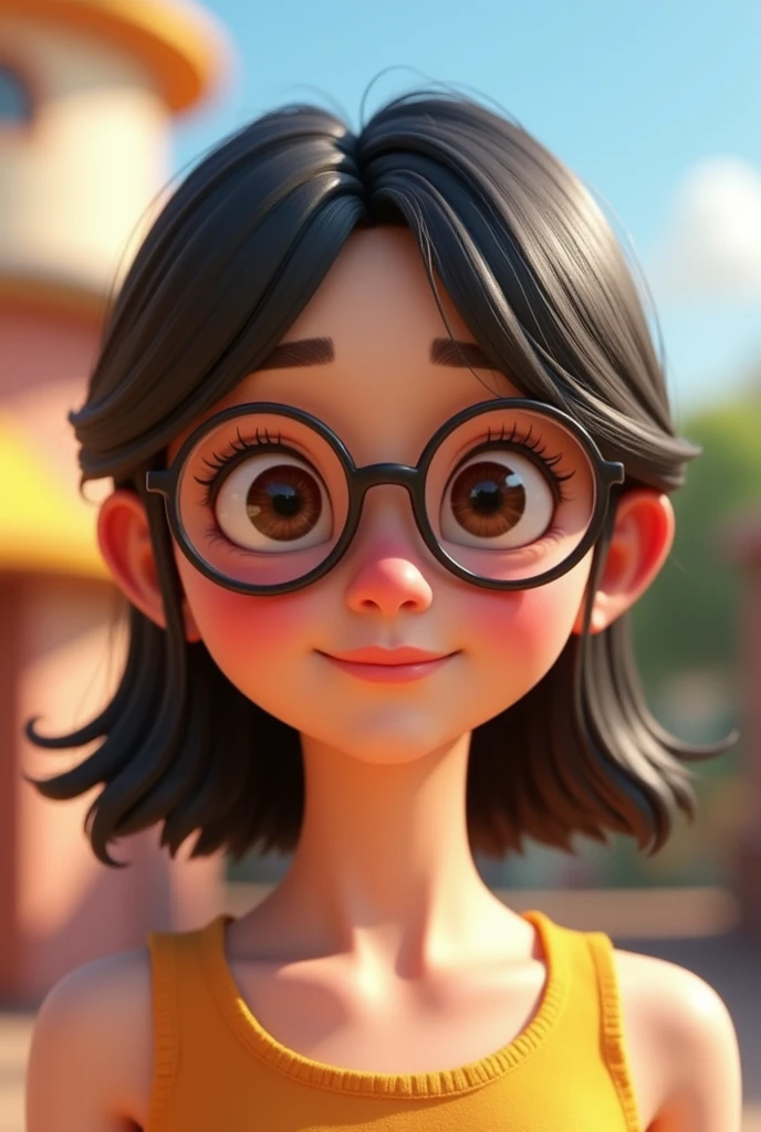 Pixar style image with small chocolate brown eyes of 3D character, Caucasian female ,of round glasses, straight hair below the shoulders, divided in half , stuck behind half , Disney makeup