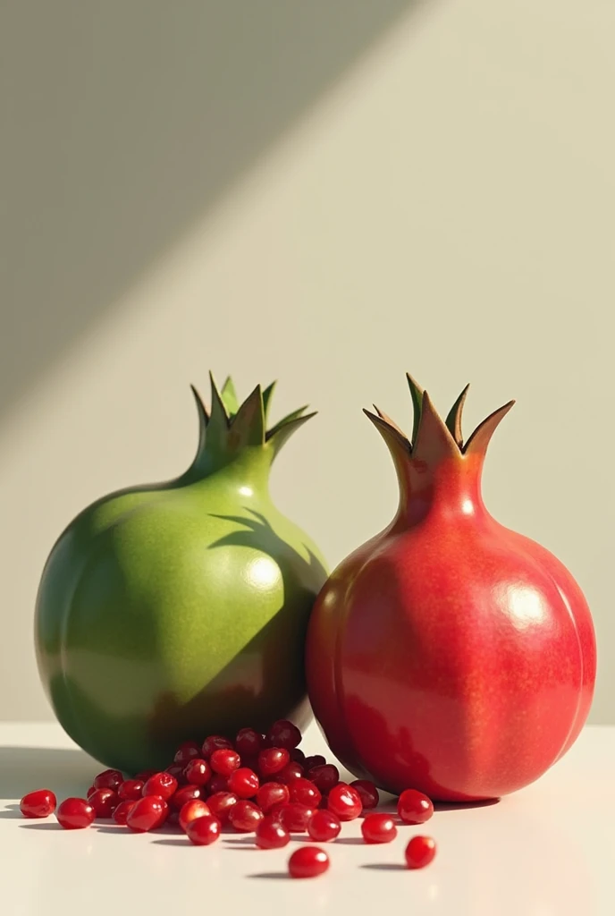 Image of green pomegranate fruit and another red pomegranate and pomegranate seeds scattered to the side and positioned upright. Without any halved grenades 
