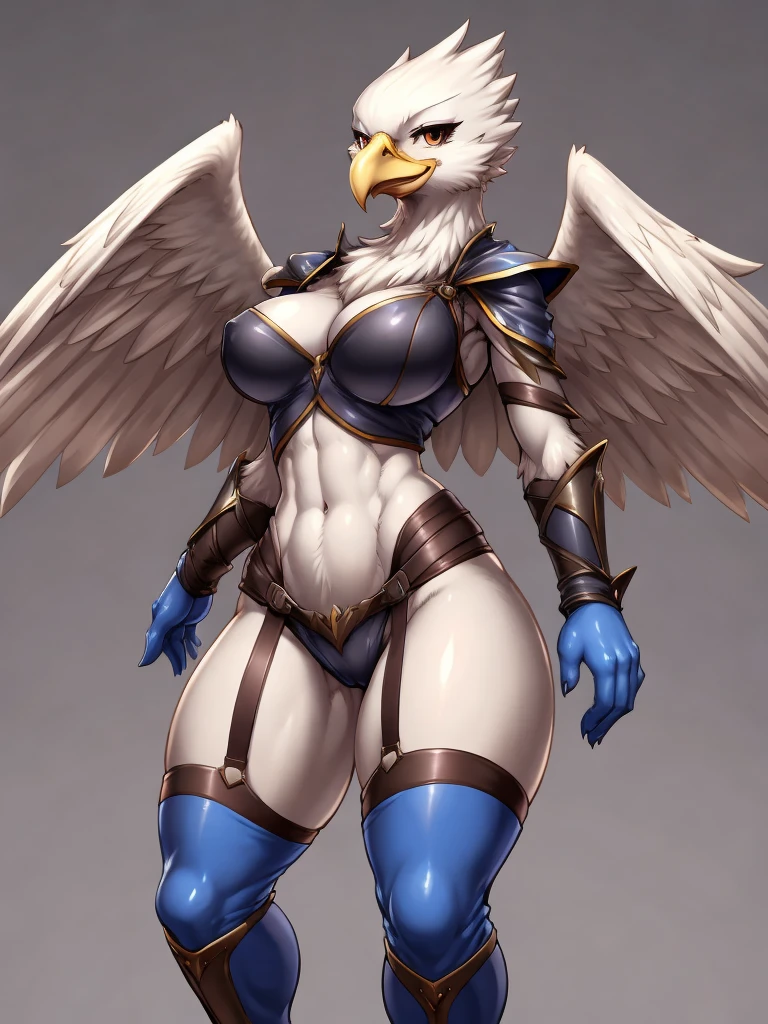((eagle)), furry female anthro,bird woman,HD,sharp,beautiful and detailed,woman ((anthro)),1girl,young girl,blue skin,(look at viewer) ,bird girl,beak,long beak,by dr comet,by pochincoff, by jlullaby,by kingbang,by obui,by ZeroQrisu,by sparrow,by gmeen,seduce smile,((thief outfit)),athlete,((simple background)),(gray background,)