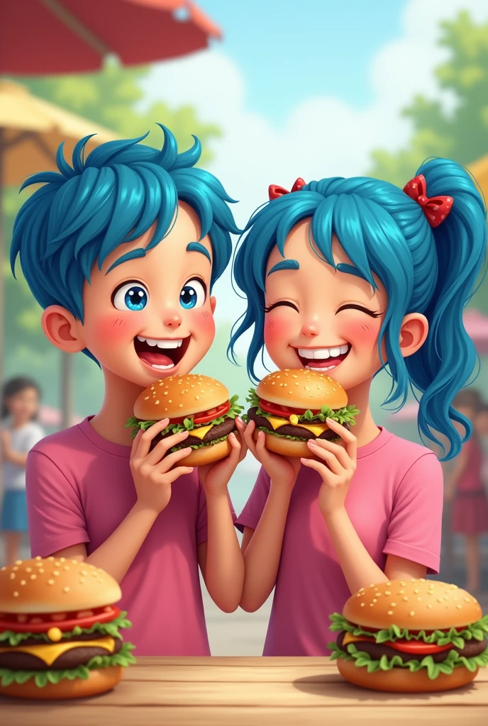 A boy and girl blue hairs pink shirts and yellow eating burger in their hands and enjoy