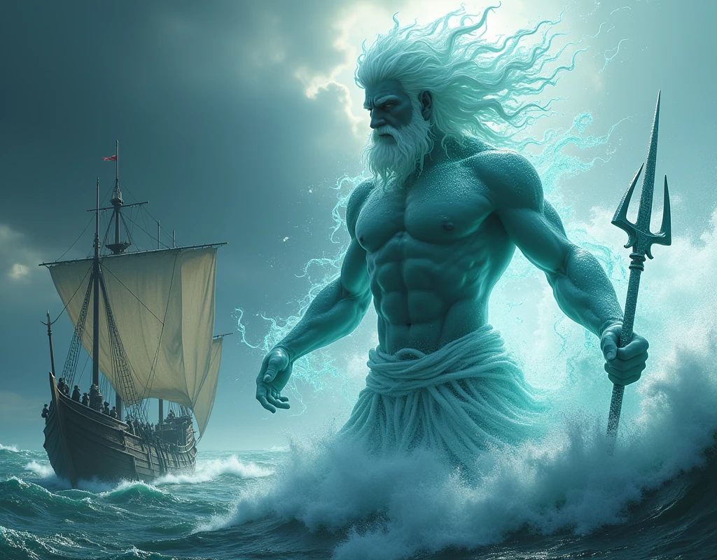 a giant Greek god Poseidon his body is translucent shining and holding his trident, he comes out from water, as if his whole appearance made with water and air, a large Viking ship sailing in the sea fighting the storm in front him, stormy night, Greek fantasy landscape near land medieval fantasy, hp Lovecraft movie frame, sharp focus, hyper realistic, intricate details, hyper detailed, 16k, UHD, epic scenery, shallow depth of field, cinematic stormy day natural dynamic lighting