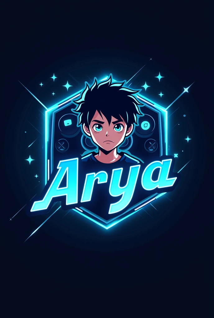 This is a gaming logo that features the name "Arya" in a futuristic font and a neon blue color. and Boy Anime avtar, The logo also has a stylized controller icon and a YouTube play button in the background. The logo is designed to be attractive and eye-catching, and to appeal to gaming enthusiasts and You Tube viewers, I hope you like it.