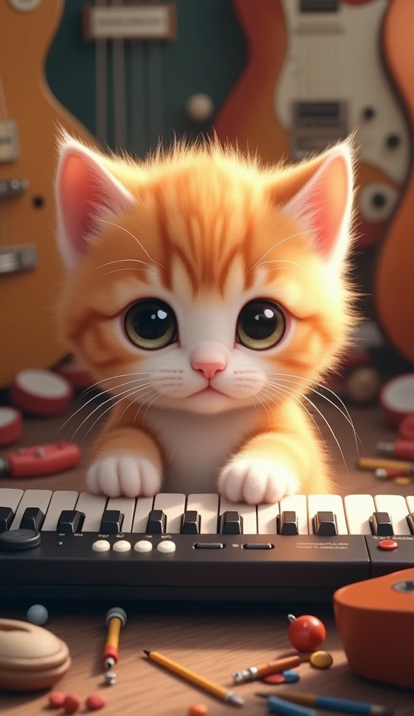 Cute miniature 'light orange and white'  kitten as musician playing keyboard, musical instruments as background.