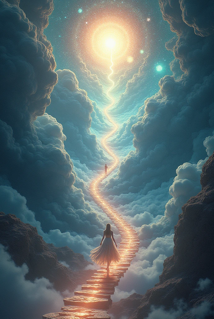 Cosmic background exploring dimensions beings ascending stairs between worlds spheres of ascending path between spiritual worlds, dimensional, and new realities until reaching paradise and God
