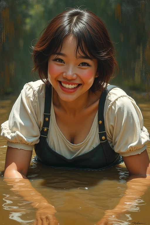 Highest quality,4K,8k,High resolution,masterpiece:1.2),Very detailed,(Realistic,写真Realistic,photo-Realistic:1.37),Portraiture,oil,Dramatic lighting,Eyes and face、smile、round face、Expressive wrinkles、Japanese women、Sturdy physique、He is short、Plump thighs、Plump upper arm、Short Hair、Brown Hair、mini skirt、Puff sleeves、Hunter Rain Boots、Sinking in the sludge