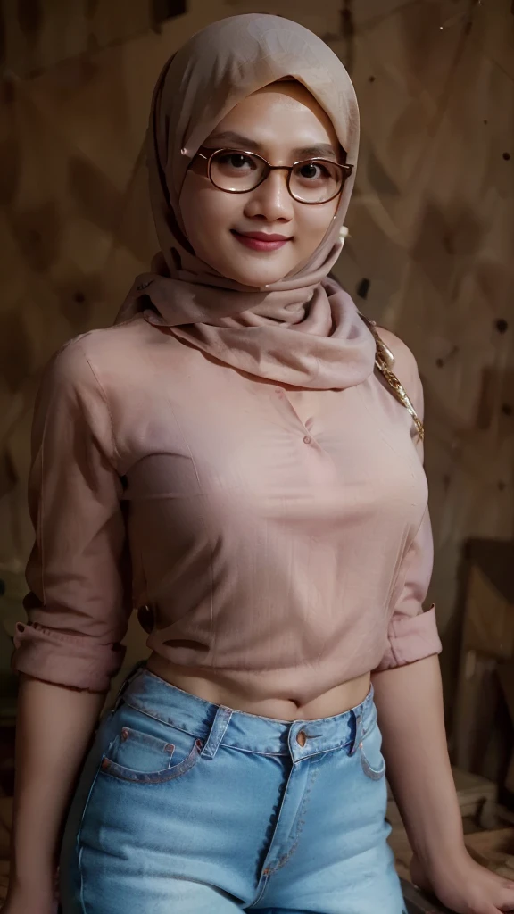 RAW, Best quality, ultra high resolution, (Masterpiece:1.3), (photorealistic:1.4), UHD, perfect face, 

an Indonesian babe look like santi, ((curvy:1.0)), (veil hijab, glasses, long tight white collared shirt, jeans), smiling, seductive gaze,

half body, photo \(far\), dynamic pose,

Professionally color graded, atmosphere, amazing depth, rich colors, powerful imagery, psychedelic overtones,