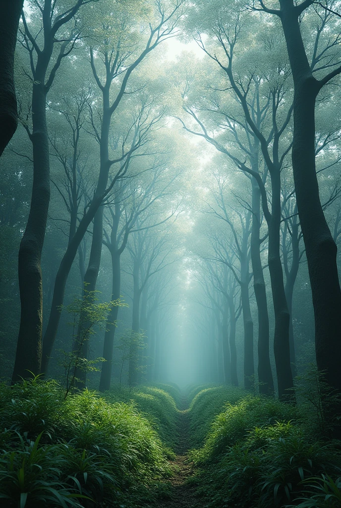 uma floresta densa, with white-leaved trees, snow-white leaves, grama verde, and with a wild appearance, nor his name, a dark vibe, without any person or entity
