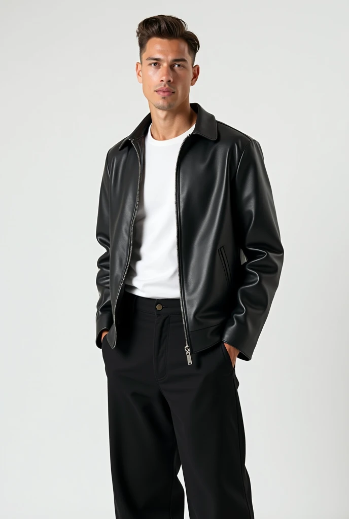 best qualityer:1.4), (ultra high resolution:1.2), (photorrealistic:1.4), (8k, CRU photo:1.2), 1 light brown man. eyes browns. Fade haircut with a well-trimmed top. He is wearing a black leather jacket with a white shirt underneath.. Black denim palazzo pants. Standing in a photo studio with a white background.