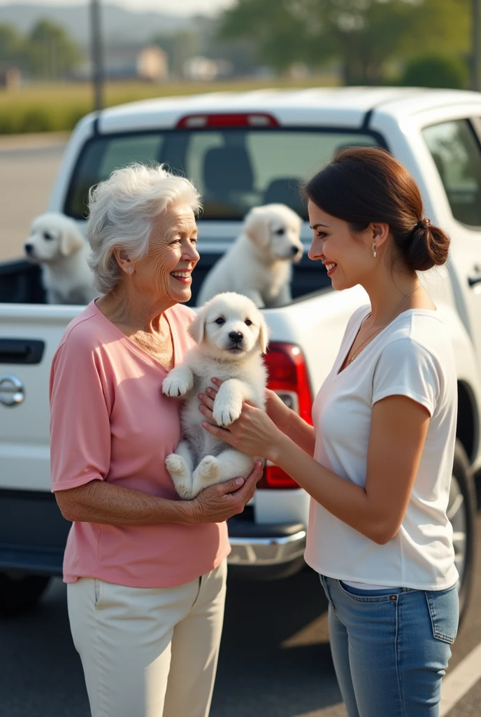 A realistic human image taken from above where you can barely see a parking lot with 2 white women, one of them an old woman wearing a pink blouse and white pants carrying a white puppy and the other woman, 3, wearing a white blouse and blue pants., They are talking and behind them there is a white Nissan Pkup type truck with 2 white puppies