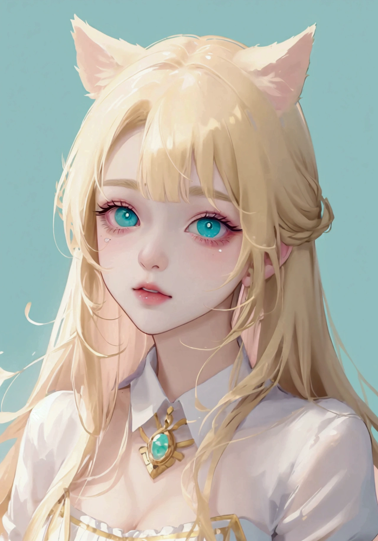 (high quality) (Best Quality) (Una Women) (correct physiognomy) (perfect students) (Perfect eyes) Women, blonde hair with bangs on the forehead, TWO cat ears growing out of his head, eyes with heterochromia dos ojos, one eye green and the other gold, sensitive lips, female appearance, soft facial features, thin eyebrows, soft skin, rosy cheeks, pink lips, silky eyelashes, dreamy expression, middle age