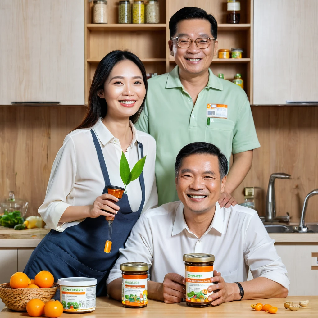Vietnamese couple 40 years old, who looks happy and contented. A man holds a jar of medicine in his hands, which is clearly advertised. The can features a black and orange design with lettering, and its contents are highlighted with an enlarged fragment. In the lower left corner of the image there is an icon with a green leaf and text "100% naturals", which indicates the naturalness of the product. A couple stands against the backdrop of a kitchen, which gives the image a homely and cozy atmosphere.
