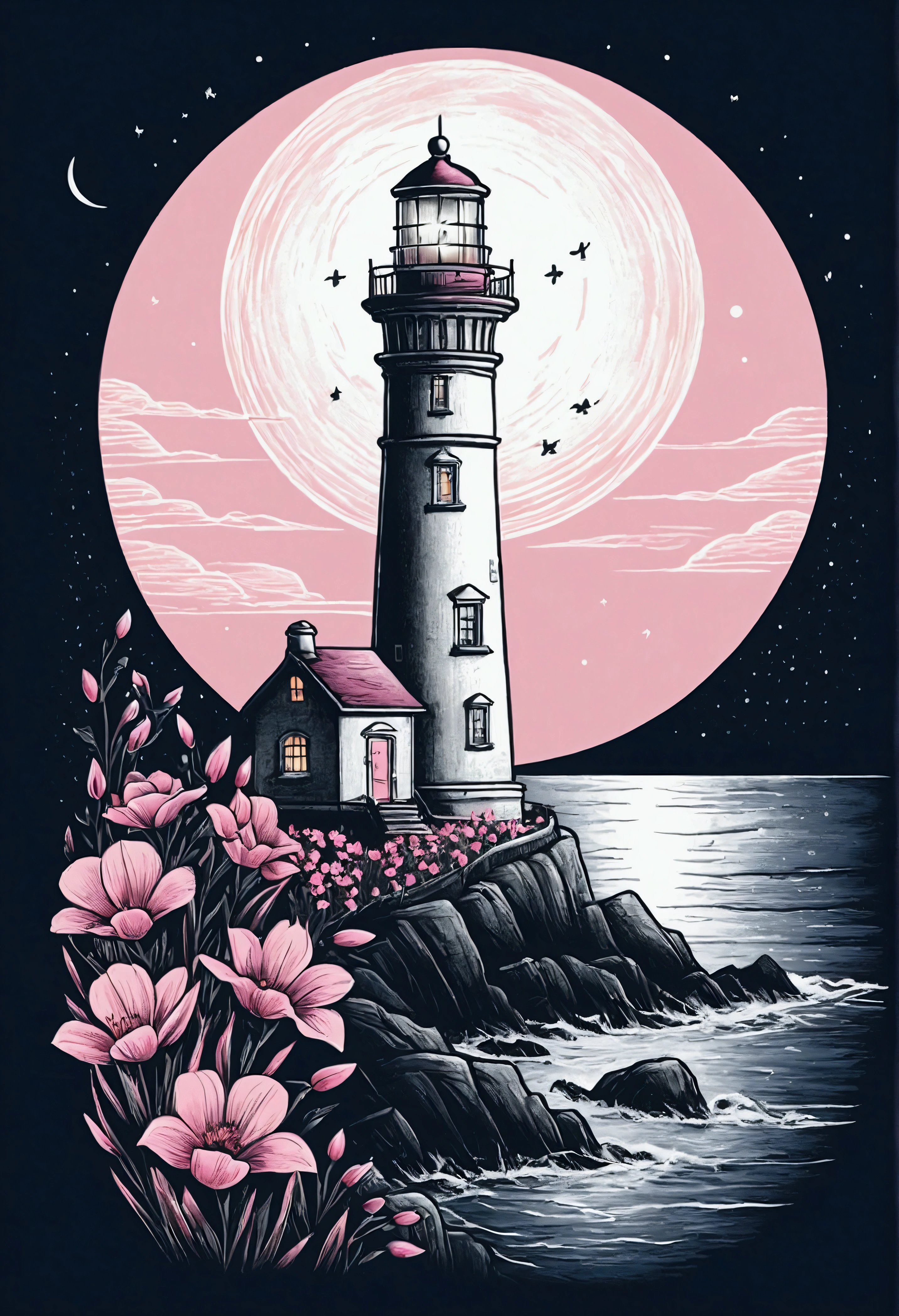 A lighthouse with pink flowers at the base, overlooking an ocean under moonlight, drawn in a hand-drawn style with clear outlines and soft colors, creating a serene atmosphere for t-shirt printing.
