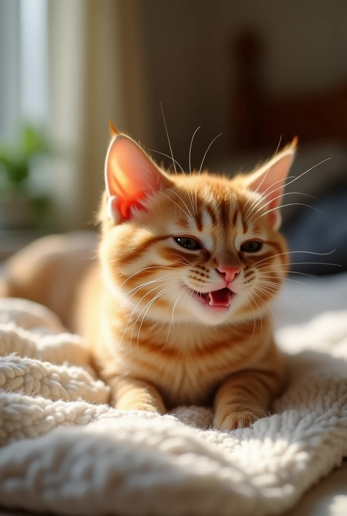  The cat is adopted by a loving family. It explores its new home, purring contentedly, with toys and a comfortable bed in sight. The cat is ginger in colour 