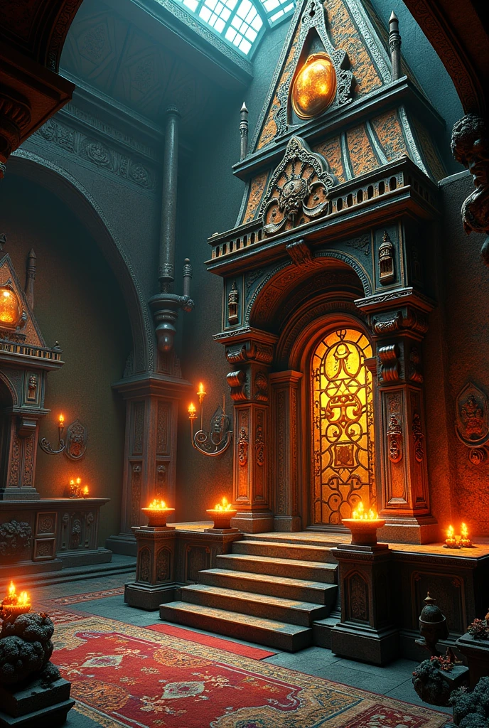 detailed intricate ornate Haitian voodoo temple, (best quality,4k,8k,highres,masterpiece:1.2),ultra-detailed,(realistic,photorealistic,photo-realistic:1.37), elaborate architectural design, ornate wood carvings, intricate mosaic patterns, glowing candles, shimmering crystals, mystical symbols, atmospheric lighting, rich vibrant colors, dramatic shadows, weathered textures, ancient and mysterious