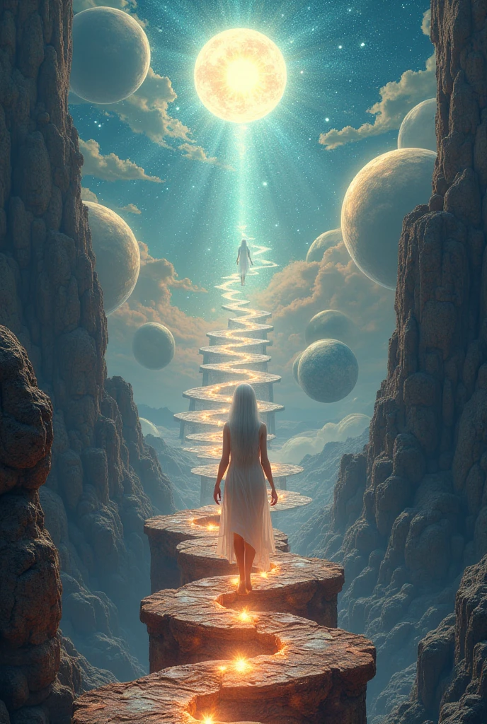 Cosmic background exploring dimensions beings ascending stairs between worlds spheres of ascending path between spiritual worlds, dimensional, and new realities until reaching paradise and God