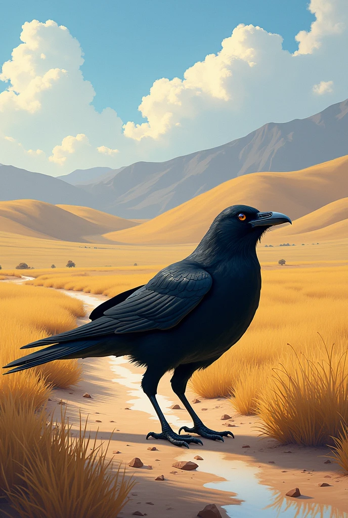 Once upon a time, during a hot summer day, a thirsty crow was searching for water.