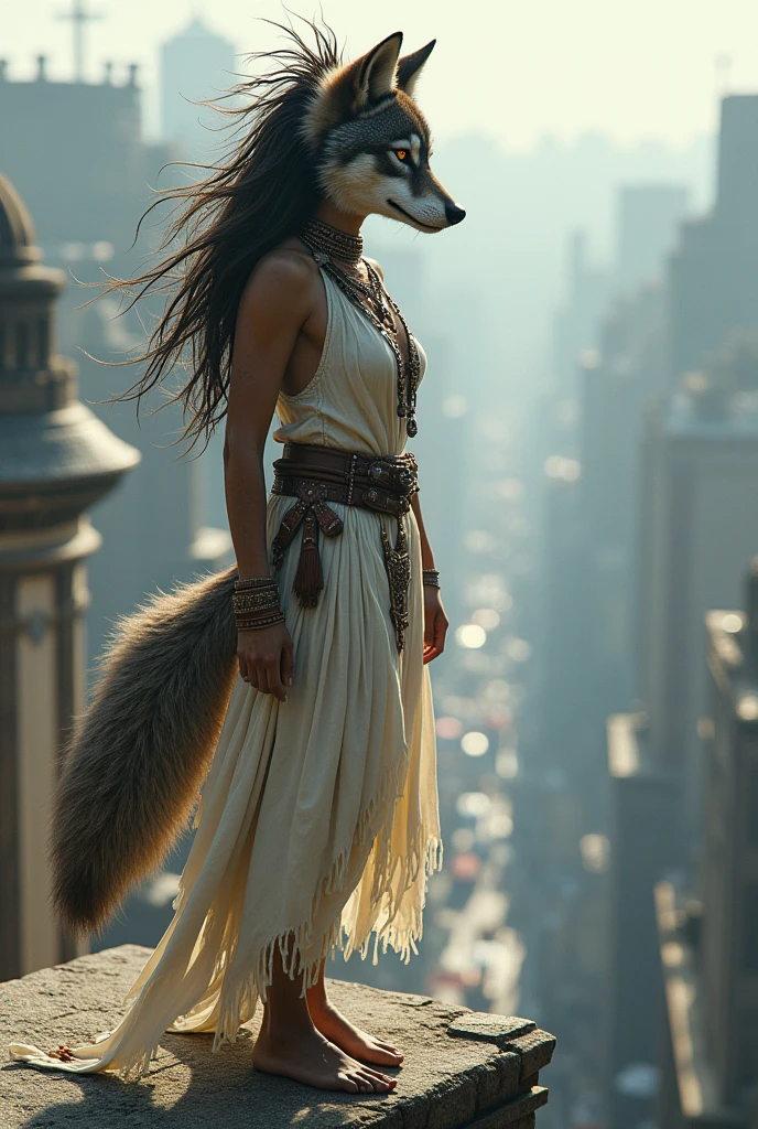 Wolf woman in white native dress, Hair tied up and rebellious layers. She is on top of the building watching the movement.
