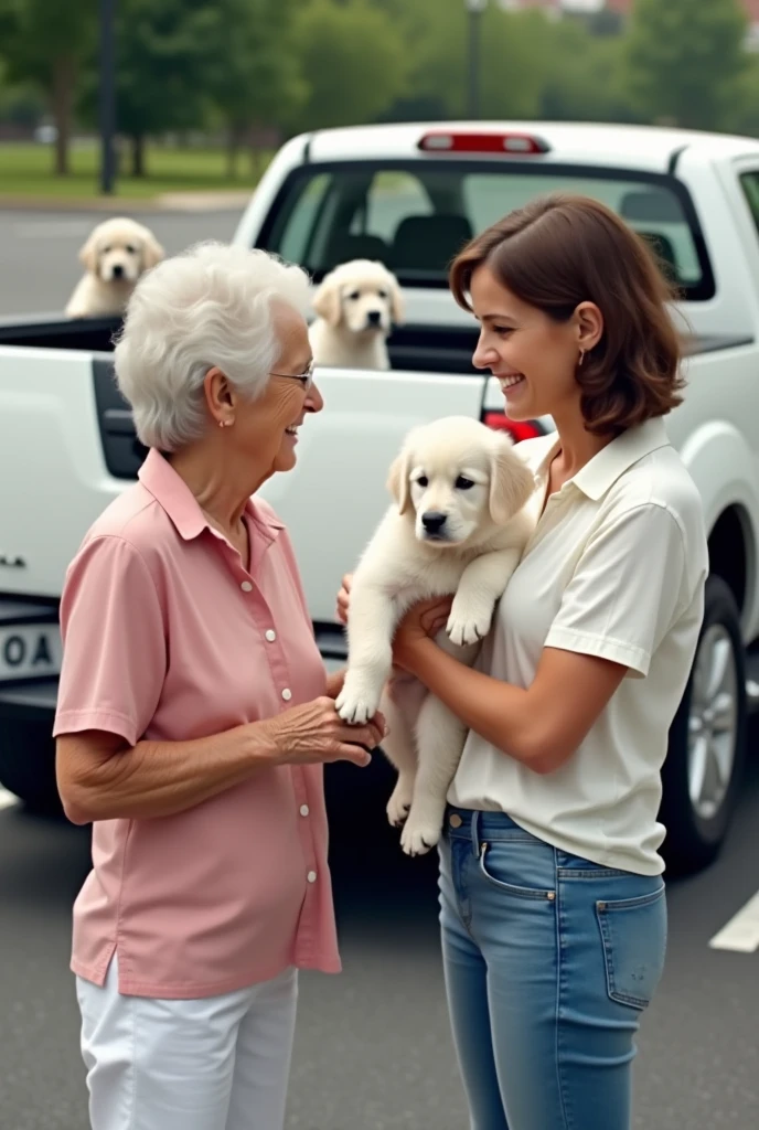 A realistic human image taken from above where you can barely see a parking lot with 2 white women, one of them an old woman wearing a pink blouse and white pants carrying a white puppy and the other woman, 3, wearing a white blouse and blue pants., They are talking and behind them there is a white Nissan Pkup type truck with 2 white puppies 
